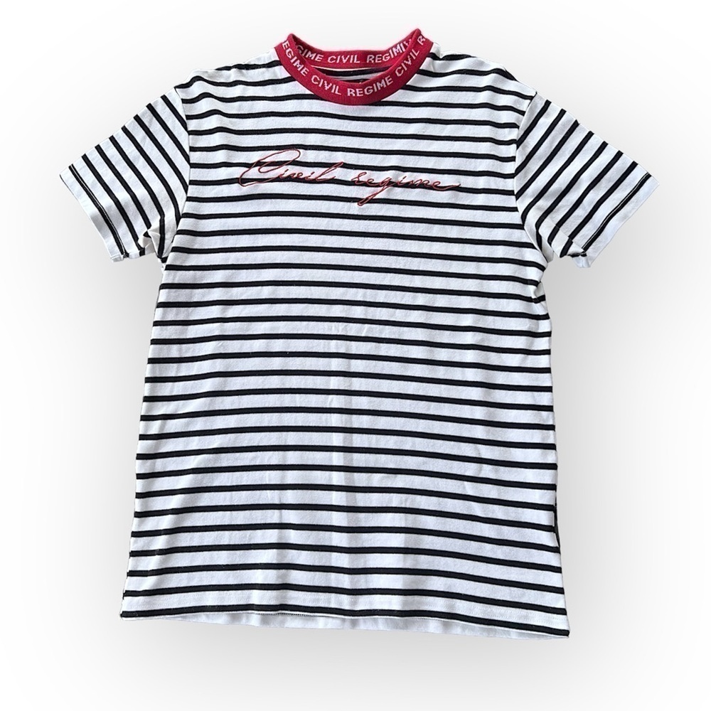 Civil Regime striped Tshirt, 100%Cotton, crew neck with signature trim size L